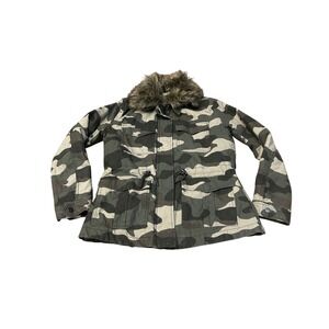 H&M Camouflage Utility Jacket Faux Fur Collar Drawstring Waist Pockets Size 8